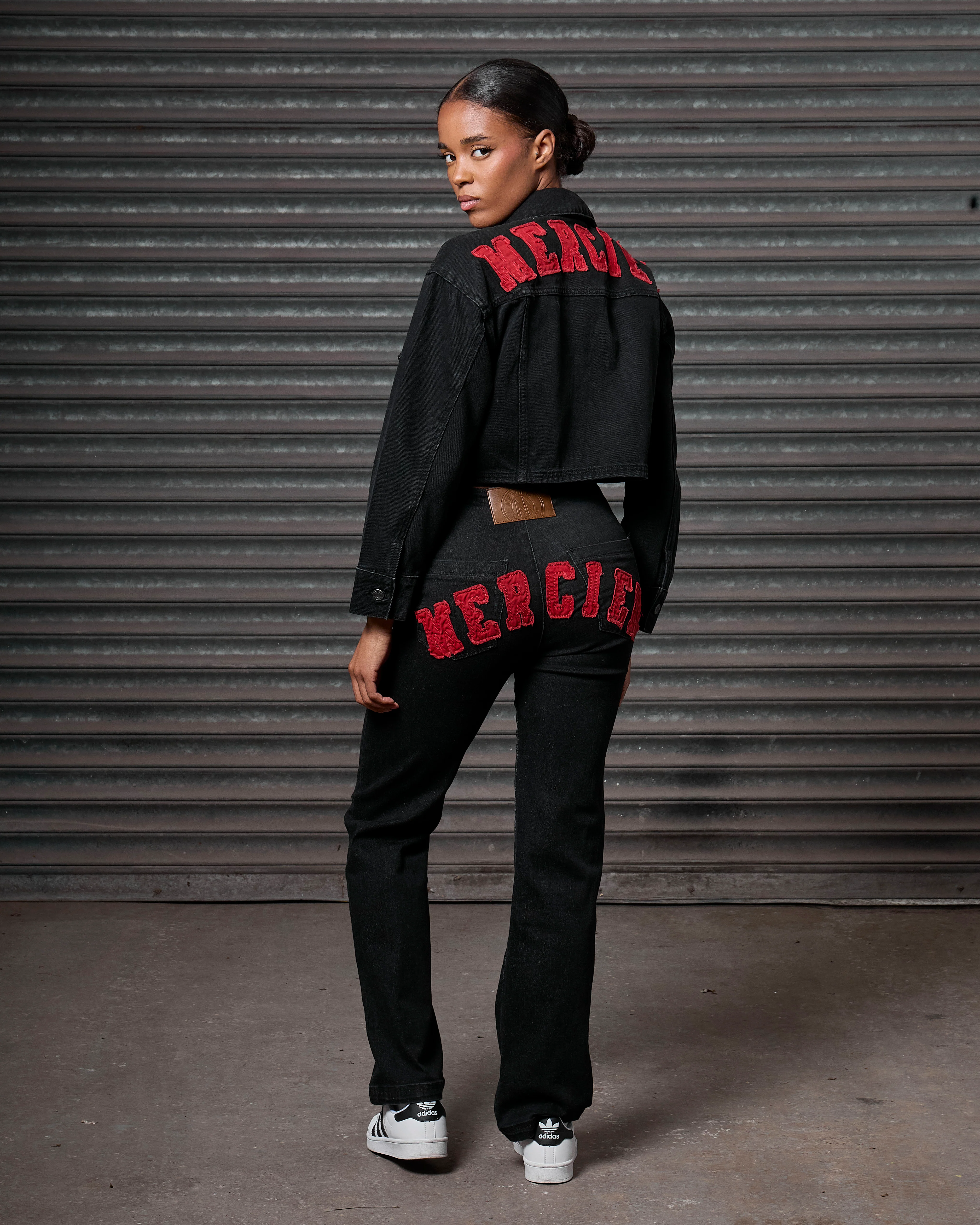 Womens Denim Jacket Black Red - Image 4