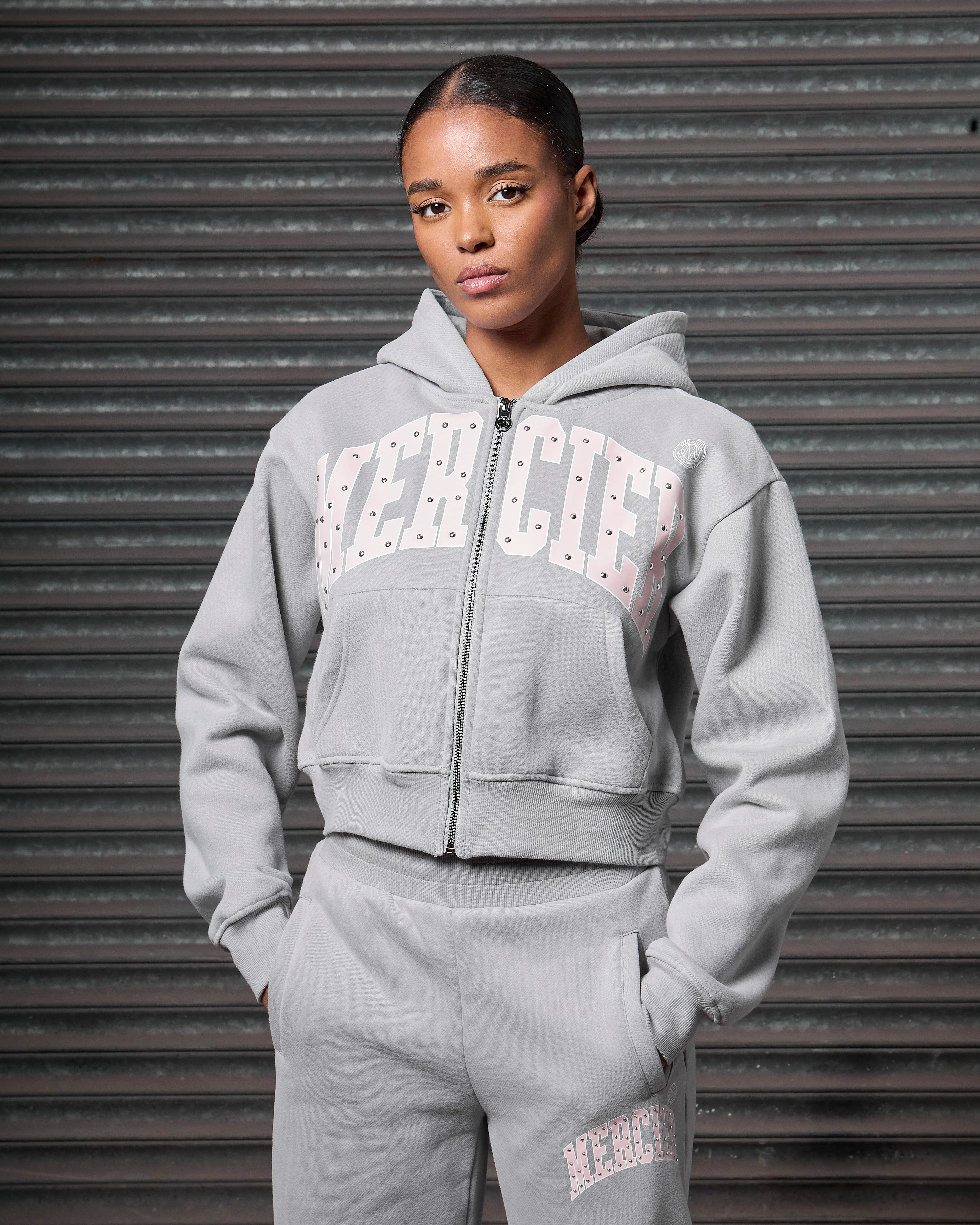 Womens Studded Zip Hoodie Grey - Image 5